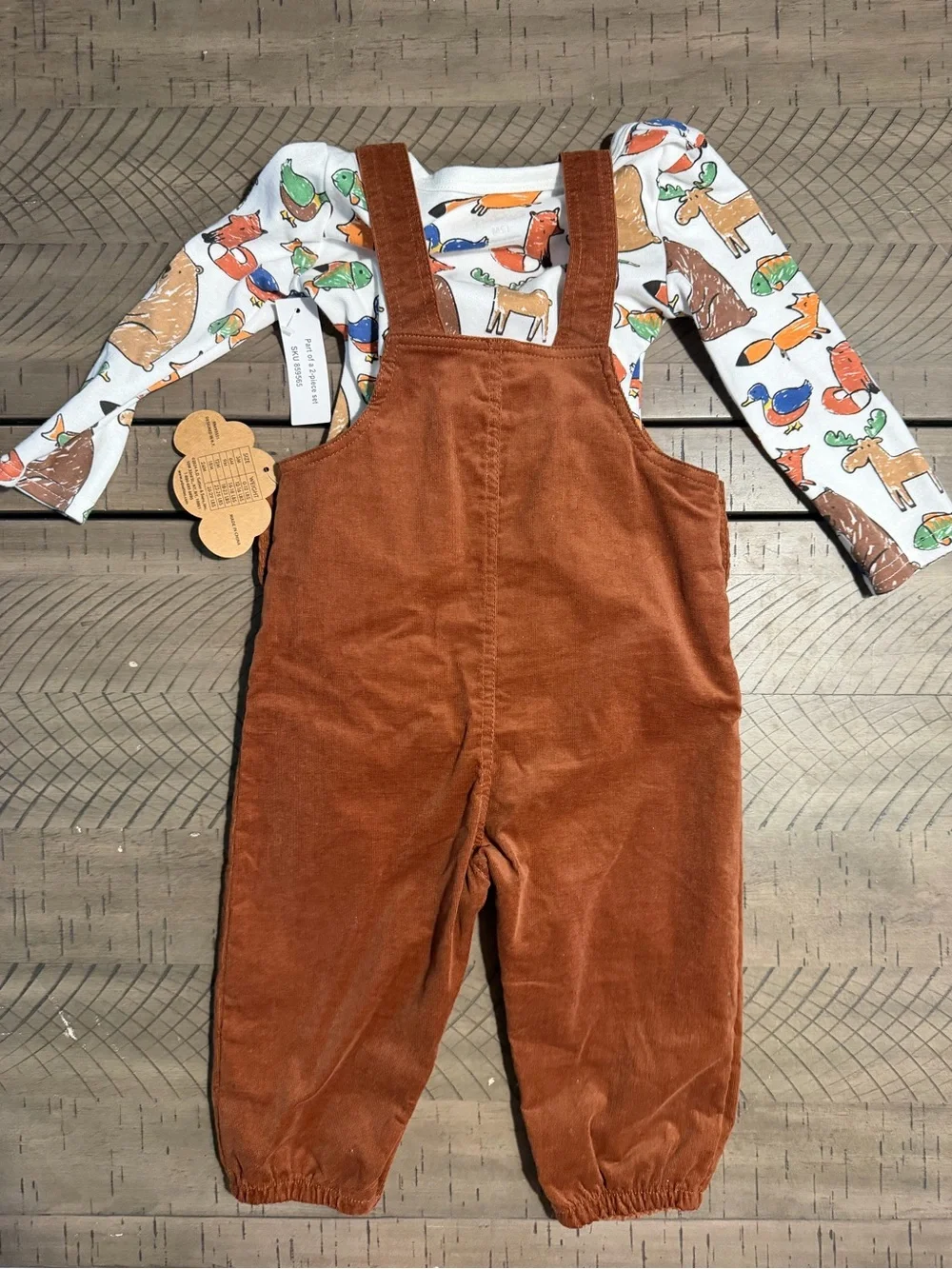 Baby Essentials Rust Brown Bear Corduroy Overalls with Animal Print Top